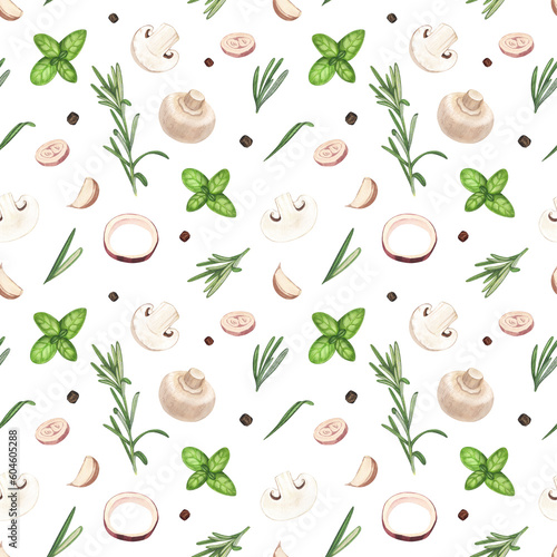 Watercolor seamless pattern spices and herbs: rosmarine, garlic, oregano, basil, peper, onion. Hand-drawn illustration isolated on white background. Perfect concept food menu, design packing photo