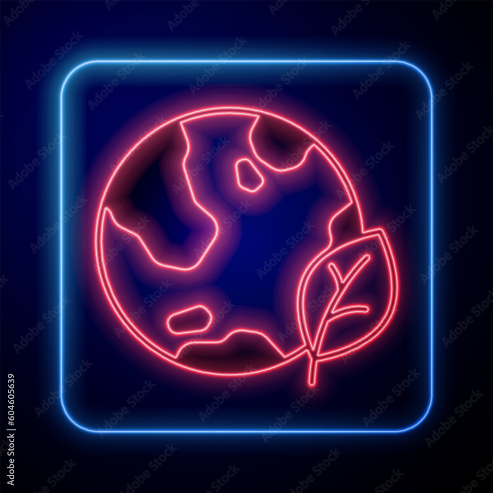 Glowing neon Earth globe and leaf icon isolated on black background. World or Earth sign. Geometric shapes. Environmental concept. Vector Glowing neon Earth globe and leaf icon isolated on black background. World or Earth sign. Geometric shapes. Environmental concept. Vector