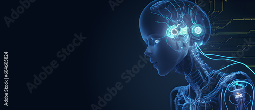 Dark background banner template of AI concept robot abstract transparent artificial human face contour line created with generative AI technology photo