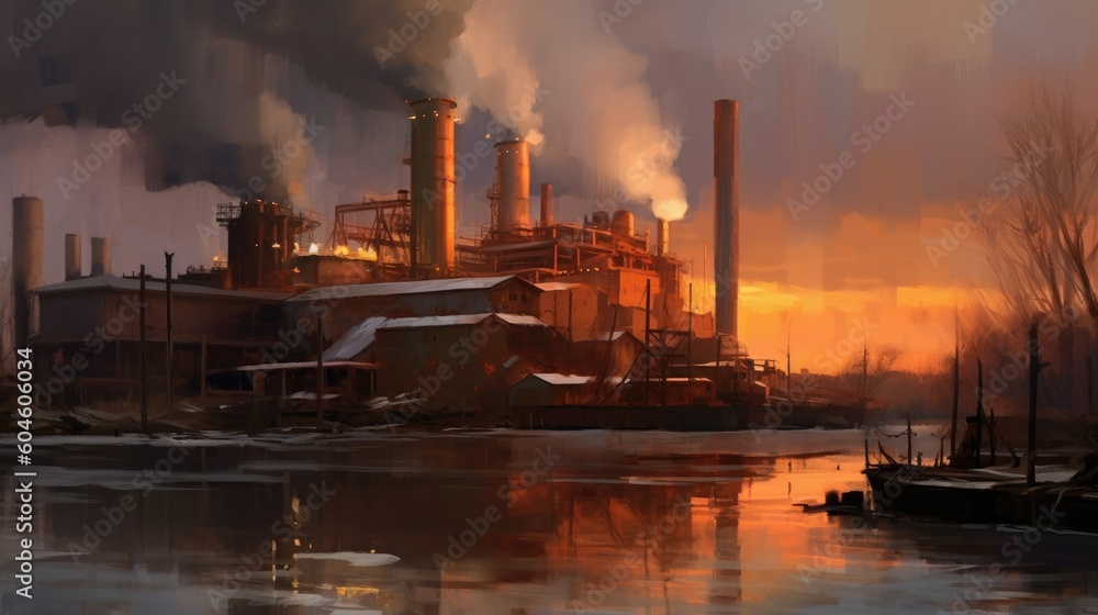 An industrial site at sunset with water and smoke. Photo that draws attention to air pollution. Generative AI