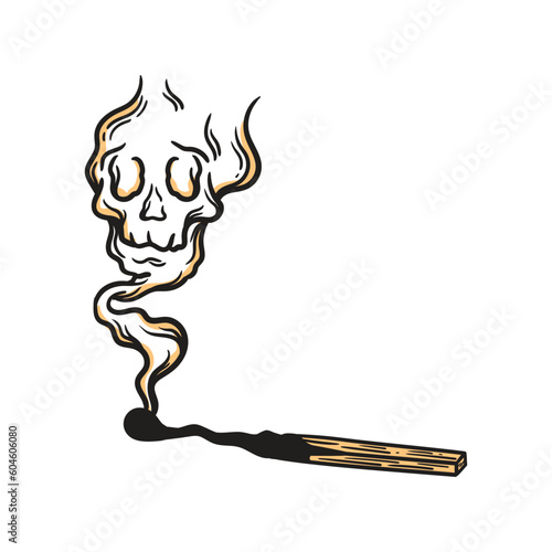 vintage illustration matchstick burned emitting skull smoke