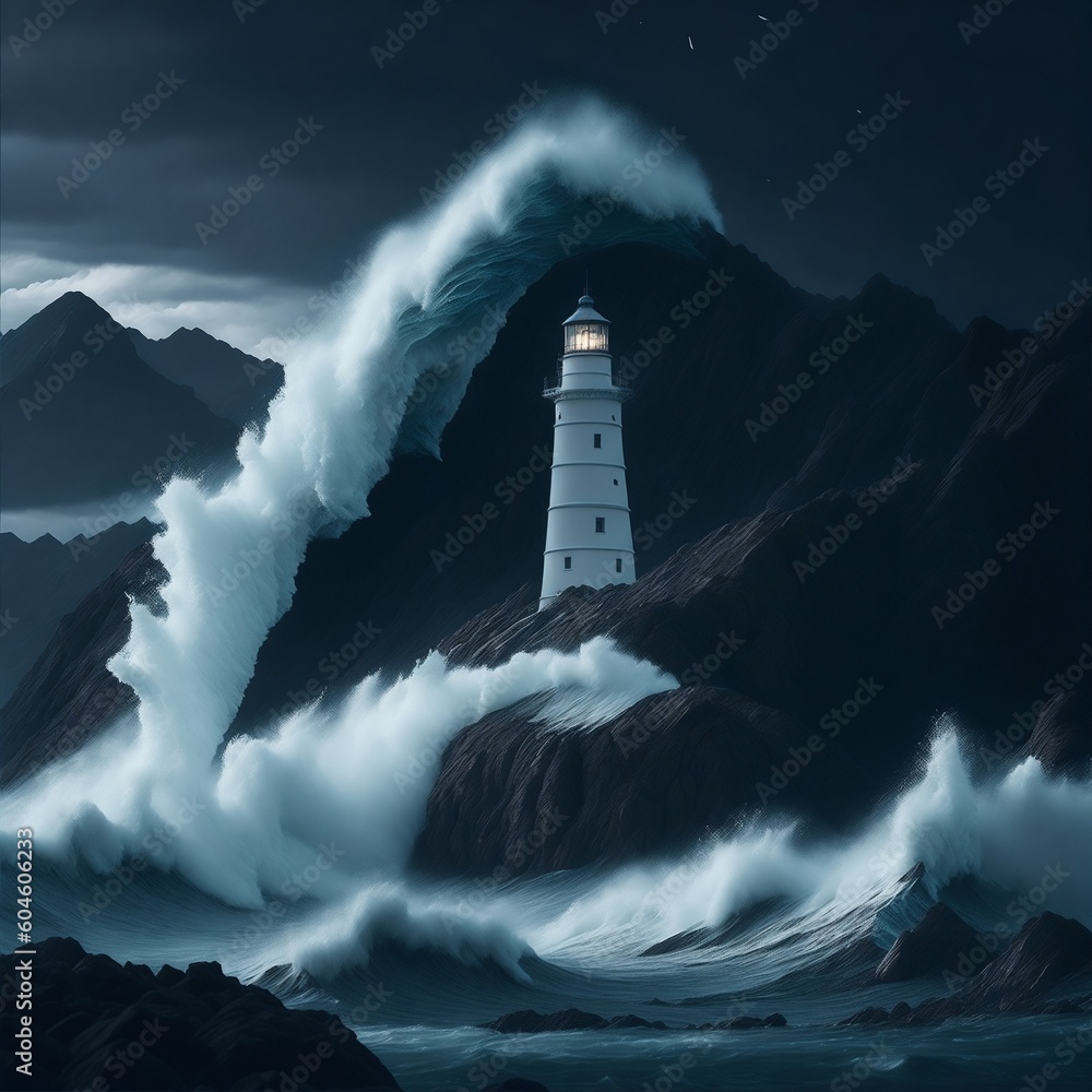 illustration of white lighthouse with big waves created with artificial intelligence AI