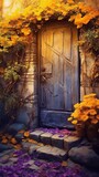 Illustration of a colorful doorway adorned with blooming flowers created with Generative AI technology