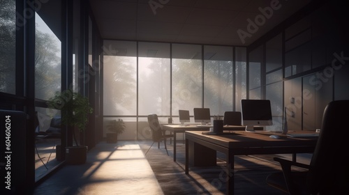 Open-plan office surrounded by lush greenery, providing a calming work environment. Created by AI