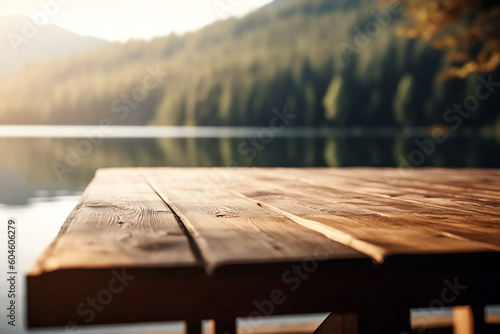wooden table in a serene lakeside cabin. generative AI