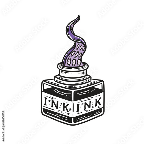 vintage illustration of an ink bottle with tentacles popping out of it