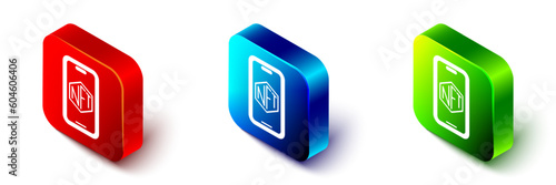 Isometric Mobile with art store app icon isolated on white background. Technology of selling NFT tokens for cryptocurrency. Non fungible token. Red, blue and green square button. Vector