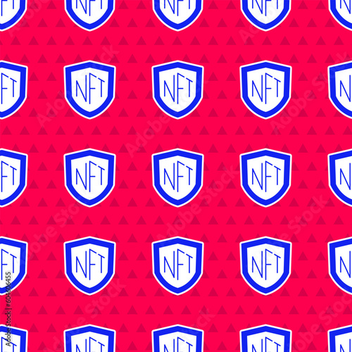 Blue NFT shield icon isolated seamless pattern on red background. Non fungible token. Digital crypto art concept. Vector