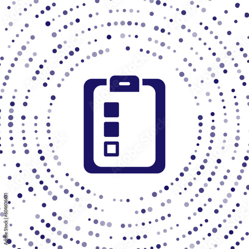 Blue Online quiz, test, survey or checklist icon isolated on white background. Exam list. E-education concept. Abstract circle random dots. Vector