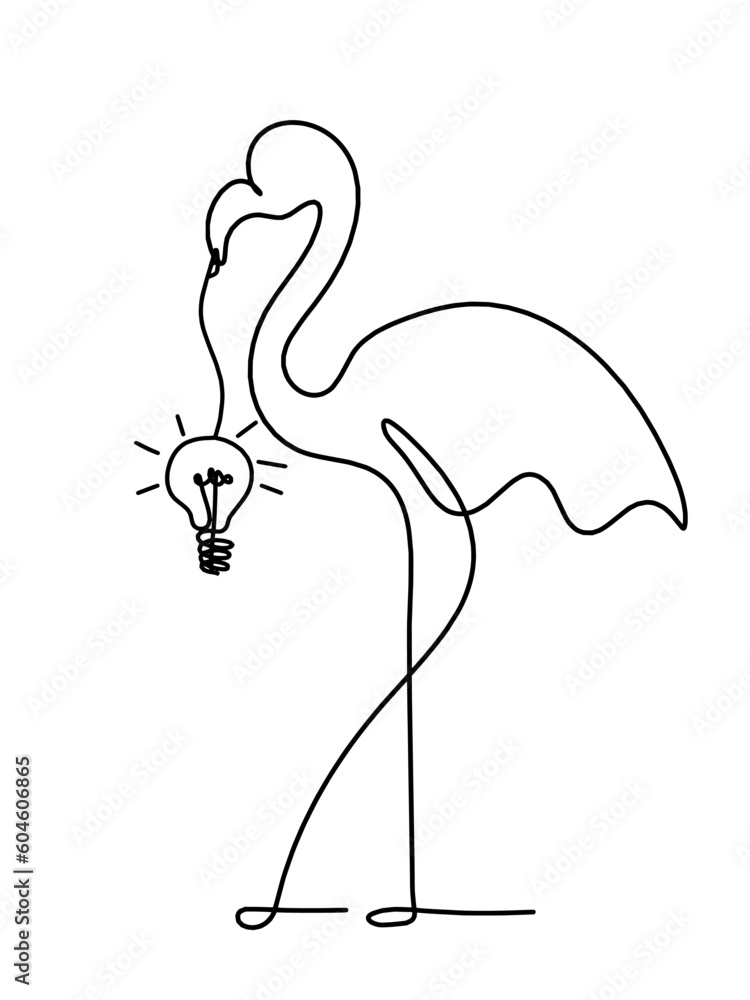 Silhouette of abstract flamingo and light bulb as line drawing on white Silhouette of abstract flamingo and light bulb as line drawing on white