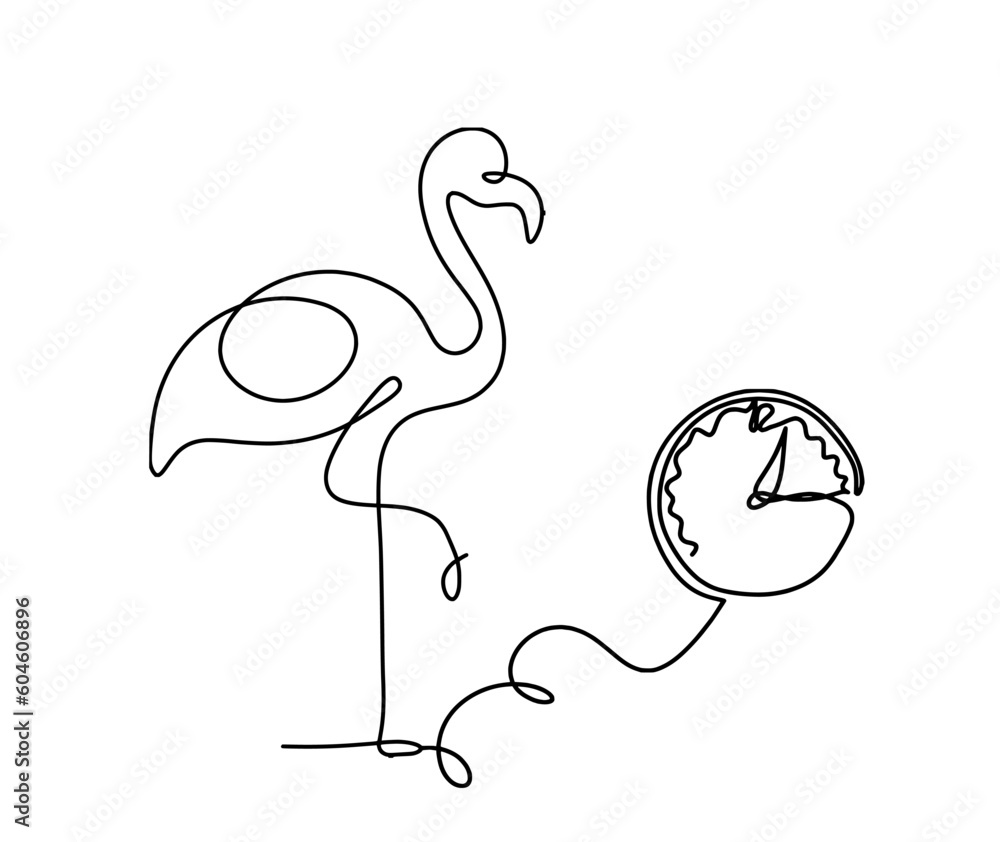Fototapeta premium Silhouette of abstract flamingo and clock as line drawing on white
