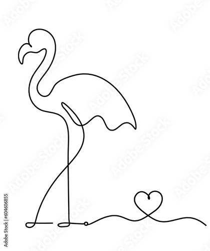 Silhouette of abstract flamingo and heart as line drawing on white
