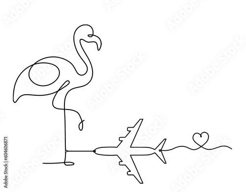 Silhouette of abstract flamingo and plane as line drawing on white