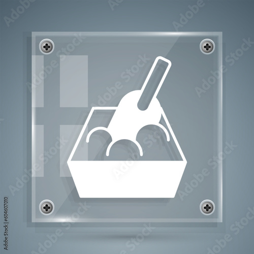 White Cat litter tray with shovel icon isolated on grey background. Sandbox cat with shovel. Square glass panels. Vector