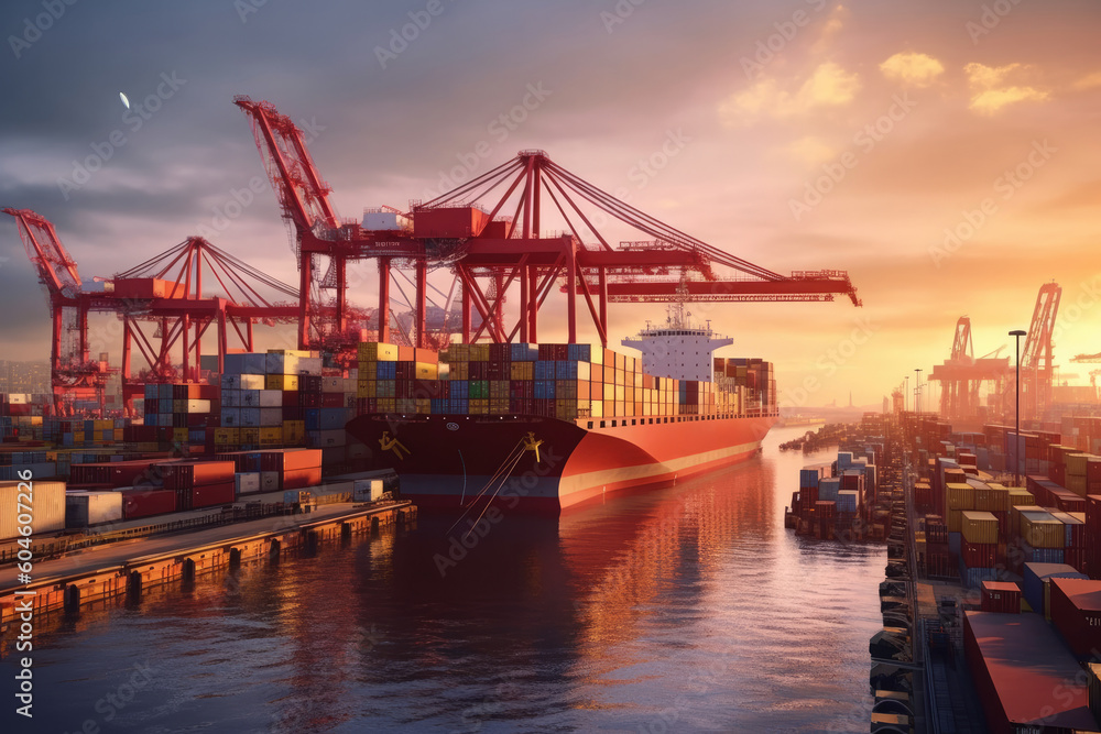 Container ships docked in a port at sunset. Generative AI