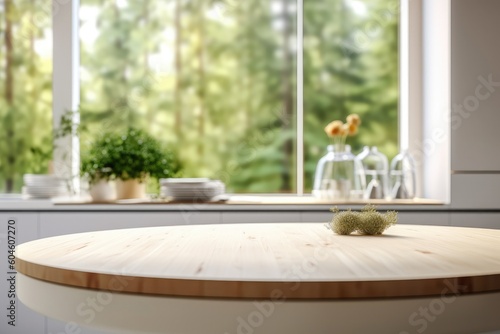 Kitchen table top blank blurred photo. Generative AI