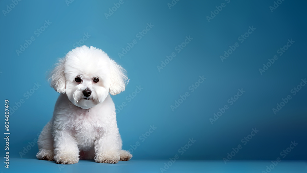 Bichon frise dog on blue background with copy space (Generative AI) Bichon frise dog on blue background with copy space (Generative AI)