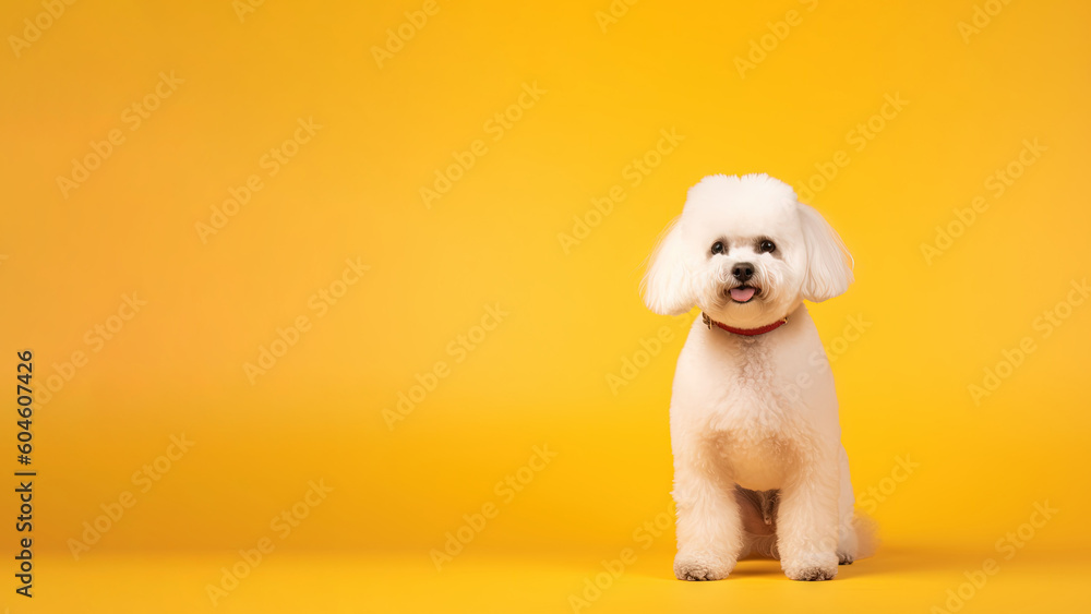 Bichon frise dog on yellow background with copy space (Generative AI) Bichon frise dog on yellow background with copy space (Generative AI)