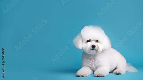 Bichon frise dog on blue background with copy space (Generative AI)