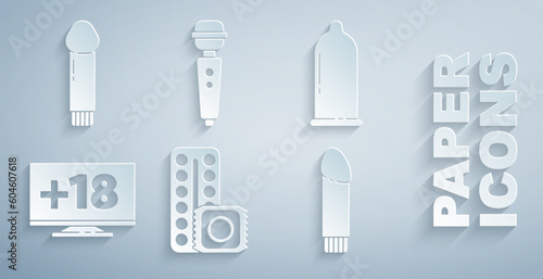 Set Birth control pills and condom, Condom, Monitor with 18 plus content, Dildo vibrator, and icon. Vector