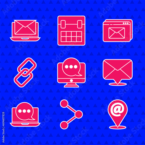 Set Chat messages notification on monitor, Share, Location and mail and e-mail, Envelope, laptop, Chain link, Website envelope and Laptop with icon. Vector