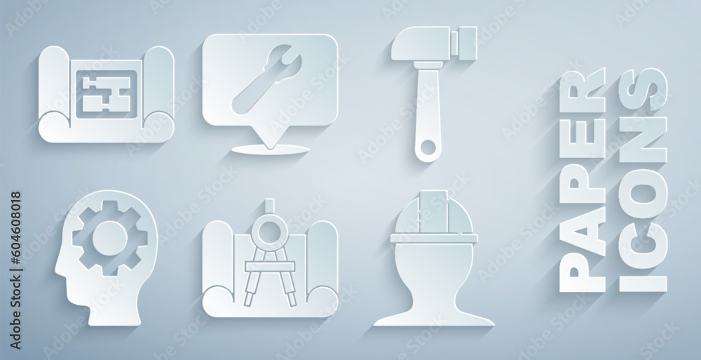 Set Graphing paper and compass, Hammer, Human head with gear inside, Worker safety helmet, Location wrench spanner and House plan icon. Vector Set Graphing paper and compass, Hammer, Human head with gear inside, Worker safety helmet, Location wrench spanner and House plan icon. Vector