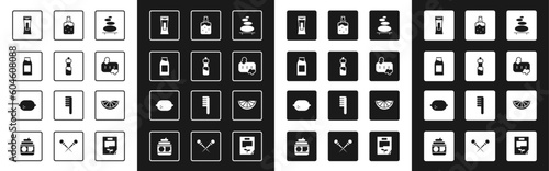 Set Stack hot stones, Bottle of water, with milk, shampoo, Bar soap foam, Spa salt, Citrus fruit and Lemon icon. Vector