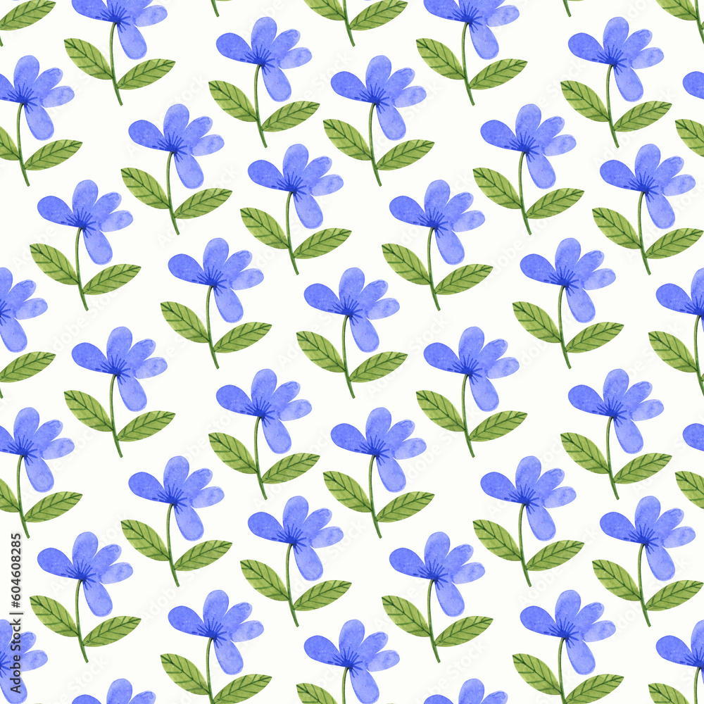 Fototapeta premium Simple blue flowers, cute pattern. Watercolor illustration, summer cute motif isolated on white background.