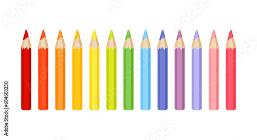 Small colored wooden pencils isolated on white background. Crayons in rainbow colors. Vector cartoon flat illustration.