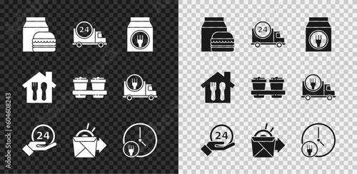 Set Online ordering and burger delivery, Fast by car, Clock 24 hours, noodles, Round the clock, and Coffee cup to go icon. Vector