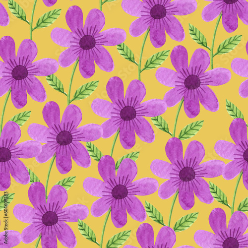 Simple purple and yellow flowers  cute pattern. Watercolor illustration  summer cute motif isolated on white background. Cartoon style.