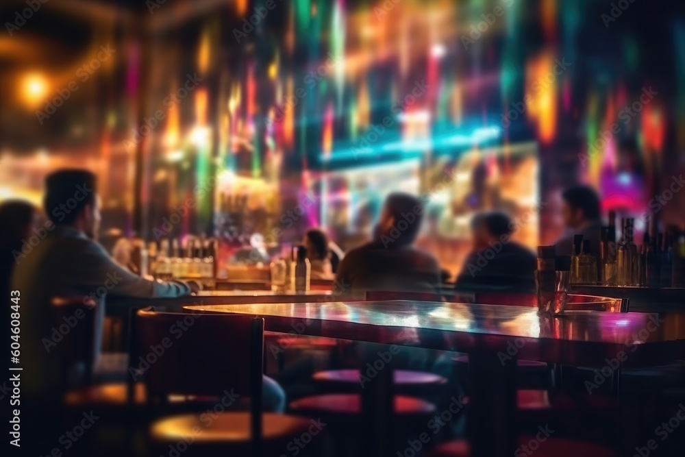 Blurred background of people sitting at restaurant. Bar or night club with lights bokeh. Generative AI Blurred background of people sitting at restaurant. Bar or night club with lights bokeh. Generative AI