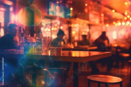 Blurred background of people sitting at restaurant. Bar or night club with lights bokeh. Generative AI