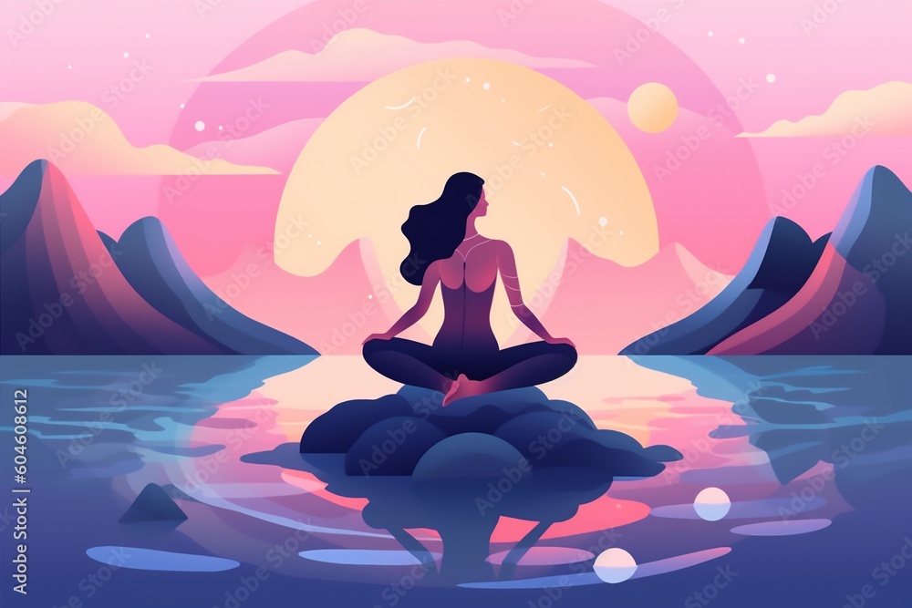 woman calm sea back person yoga meditation relaxation exercise lotus ocean. Generative AI.