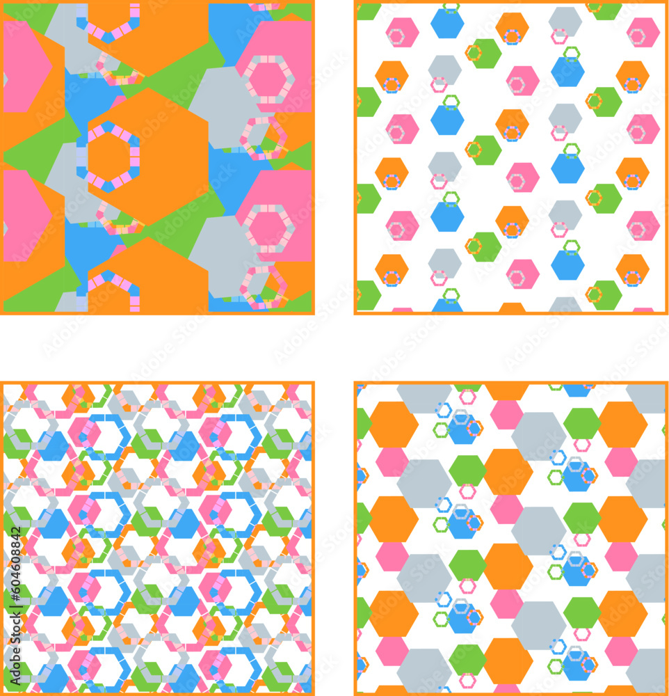 A set of bright abstract patterns of geometric shapes.
