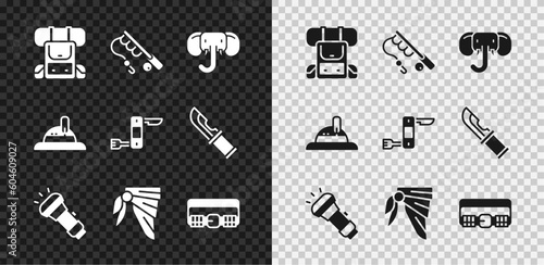 Set Hiking backpack, Fishing rod, Elephant, Flashlight, Bandana or biker scarf, Hunting cartridge belt, Hunter hat and Swiss army knife icon. Vector
