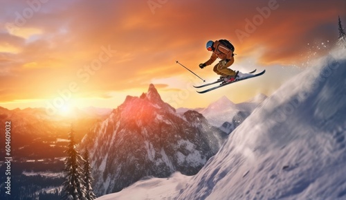 Skier jumping on a snowy mountain. Generative AI