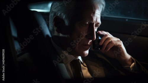 CEO Male Caucasian Mature Making phone calls and negotiating deals in a chauffeured moving car. Generative AI AIG22. photo