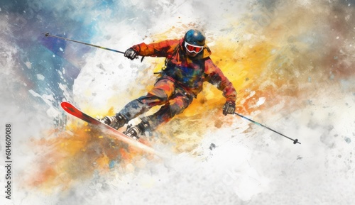 Skier jumping on a snowy mountain. Generative AI © Mustafa