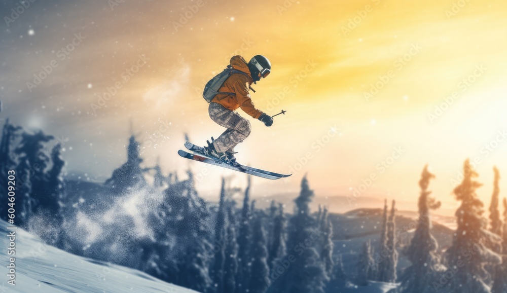 Skier jumping on a snowy mountain. Generative AI Skier jumping on a snowy mountain. Generative AI