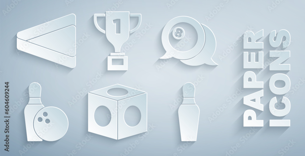 Set Billiard chalk, ball, Bowling pin and, Award cup and triangle icon. Vector Set Billiard chalk, ball, Bowling pin and, Award cup and triangle icon. Vector