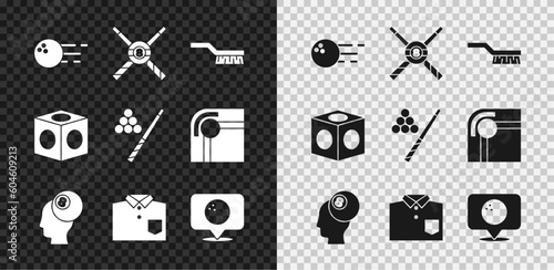 Set Bowling ball, Crossed billiard cues and, Pool table brush, Billiard, shirt, Location with bowling, chalk and icon. Vector
