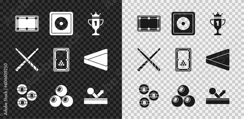 Set Billiard table, chalk, Award cup, ball, Crossed billiard cues and icon. Vector