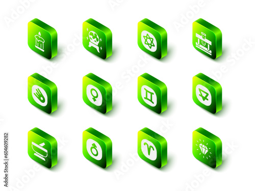 Set Magic ball, Tarot cards, Bottle with potion, Earth element, Diamond, Gemini zodiac, Aries and Mars icon. Vector