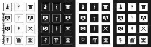 Set Decree, parchment, scroll, Torch flame, Ancient column, Bottle of olive oil, Greek helmet, Crossed medieval sword and Laurel wreath icon. Vector