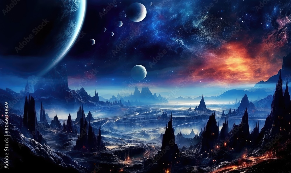 Fototapeta premium Space planets and stars in space. 3d landscape photo. Generative AI