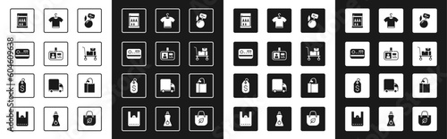 Set Supermarket food products with price label, Identification badge, Credit card, Commercial refrigerator, Hand truck and boxes, T-shirt, Paper bag bread loaf and Price tag dollar icon. Vector
