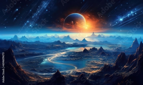 Space planets and stars in space. 3d landscape photo. Generative AI