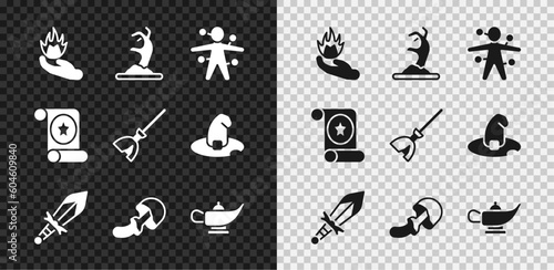 Set Hand holding a fire, Zombie hand, Voodoo doll, Medieval sword, Psilocybin mushroom, Magic lamp Aladdin, scroll and Witches broom icon. Vector
