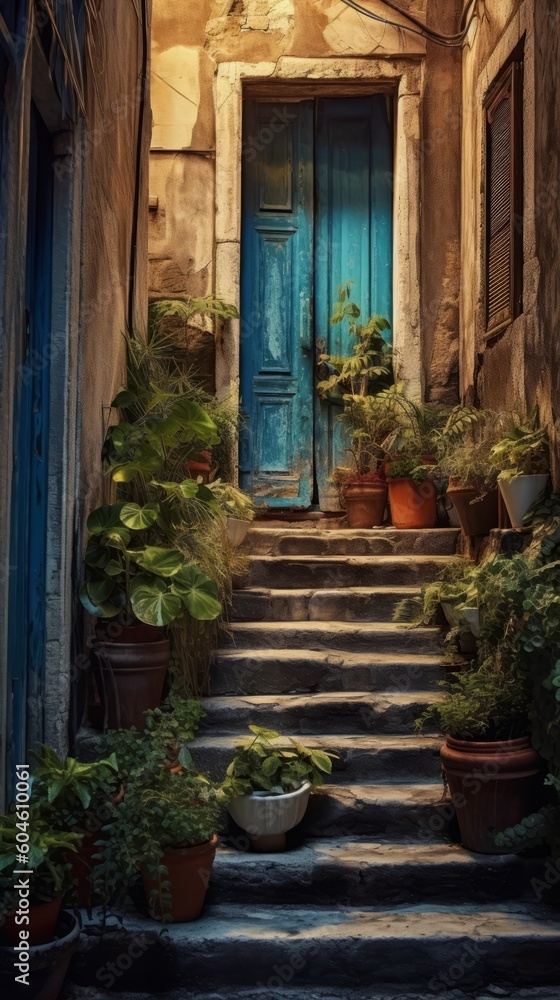 Illustration of a Blue Door with Steps Leading Up to it created with Generative AI technology